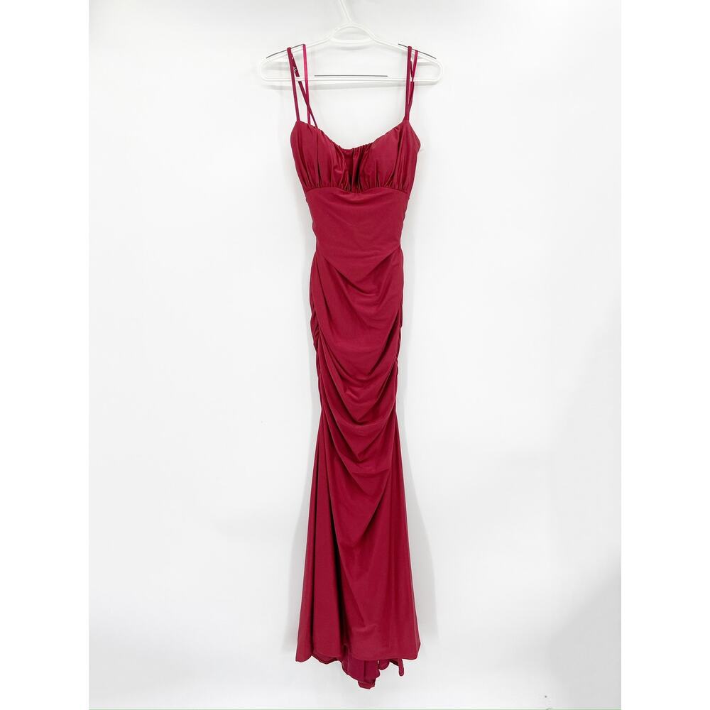 La Femme 29873 Burgundy Red Shiny Jersey Ruched Trumpet Formal Gown Size 8 - Picture 3 of 7